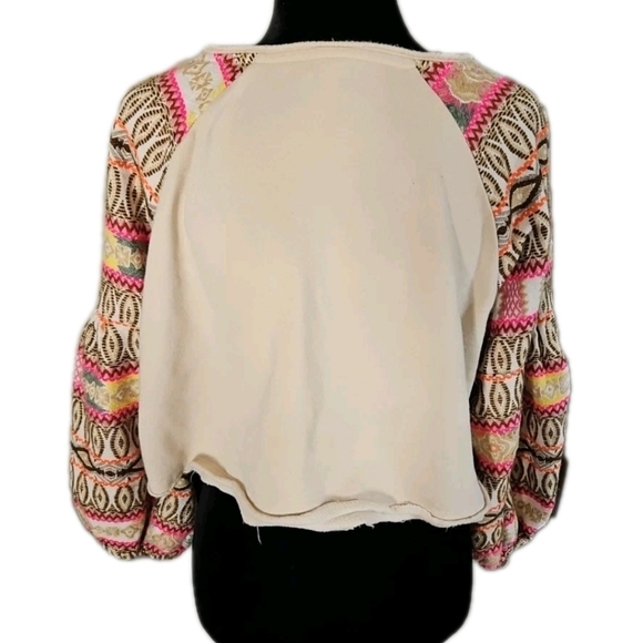 Free People Cream Cropped Embroidered Balloon Sleeve Boho Statement Sweater XS - Picture 6 of 15